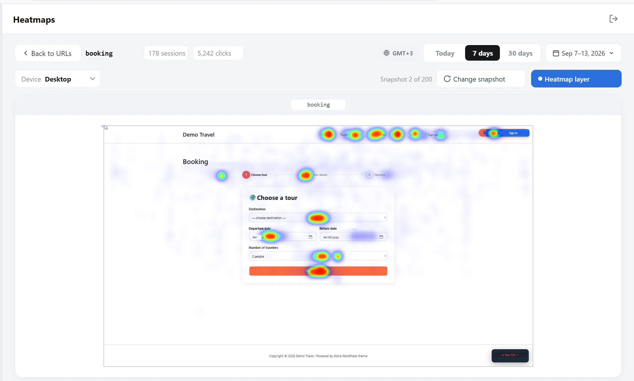 Click heatmap over a booking page snapshot