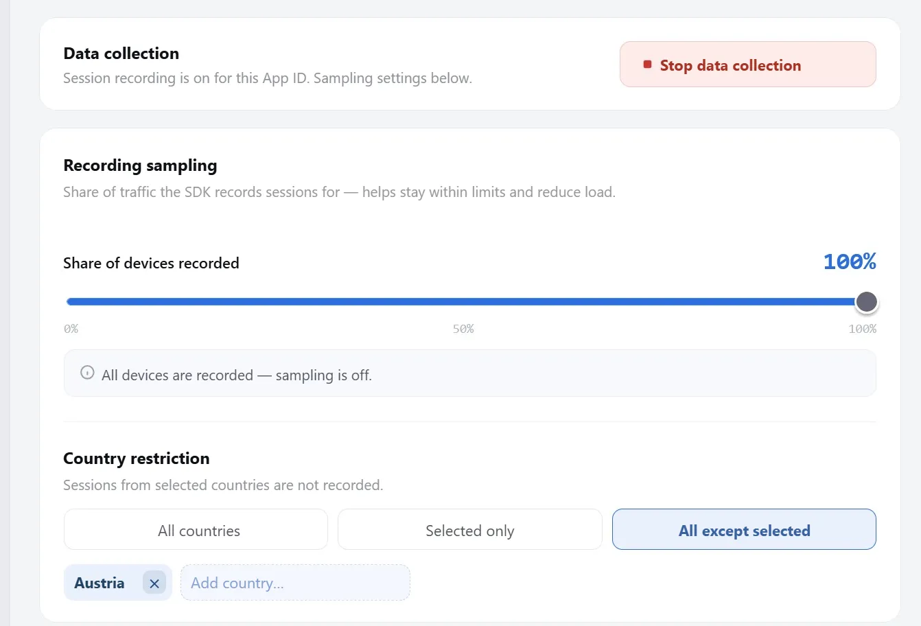 Recording sampling: share of devices, country restriction, stop data collection